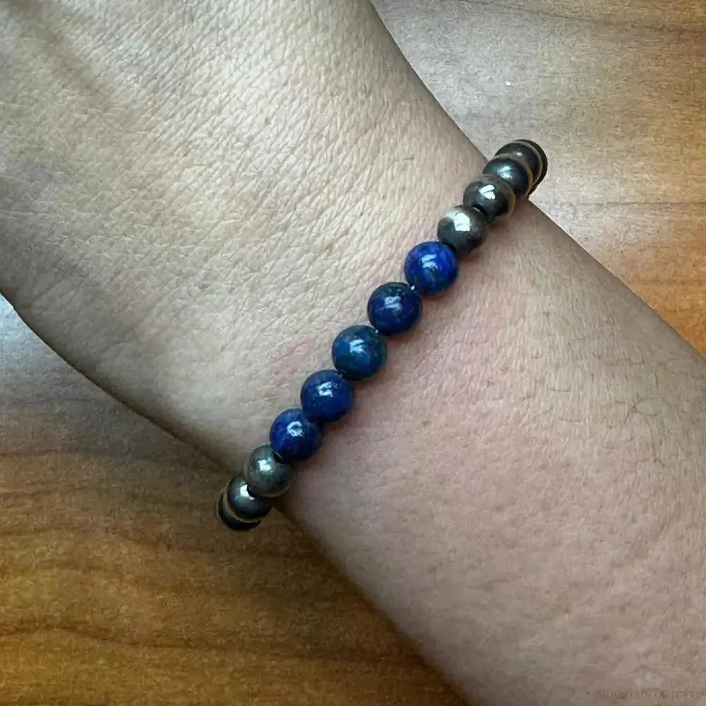 Native American Sterling 5 mm Navajo Pearl & Lapis Bead Link Bracelet For Women